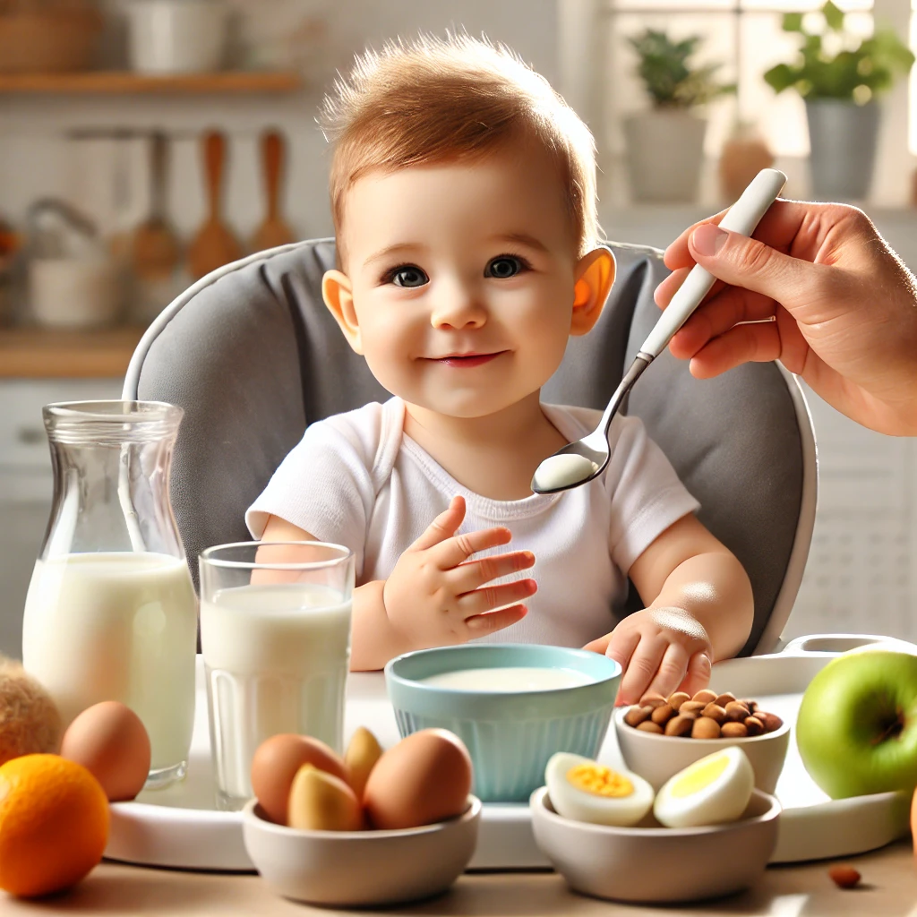 Un bebé sonriente sentado en una mesa alta, con varios alimentos frente a él: leche, huevo, nueces y frutas. El bebé está observando la comida con curiosidad, mientras que un adulto (solo se ven las manos) le acerca cuidadosamente una cuchara con un alimento. De fondo, el entorno es claro y luminoso, como una cocina moderna, transmitiendo tranquilidad. El foco está en el bebé y la comida, creando una sensación de cuidado y seguridad.